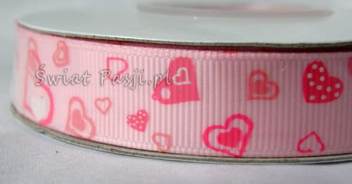 wstążka prążkowana w serca 16mm - różowa