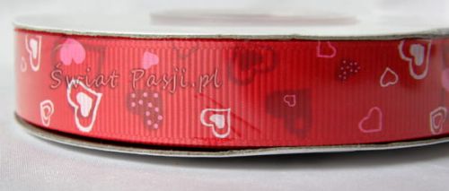 wstążka prążkowana w serca 16mm - czerwona
