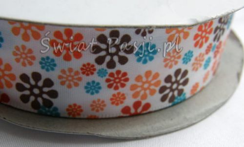 wstążka flower power - pomarańczowo-turkusowo-brązowa (25 mm)