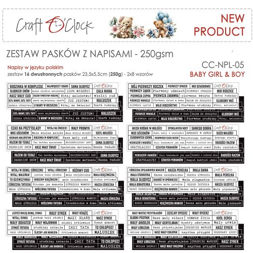 zestaw pasków Craft o'clock - napisy baby girl &amp; boy PL 16 szt