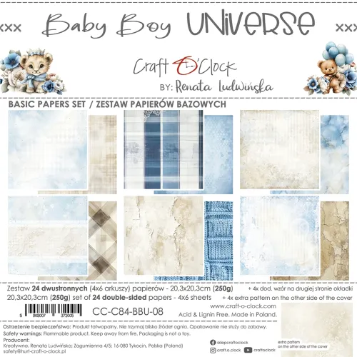papier scrapbook Craft o'clock - baby boy universe - zestaw bazowy 20x20 cm