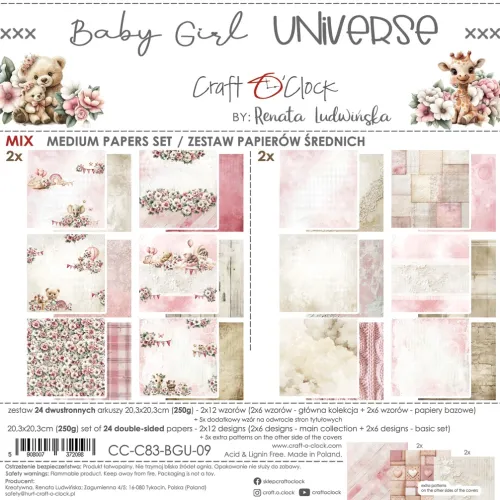 papier scrapbook Craft o'clock - baby girl universe - zestaw bazowy mix 20x20 cm
