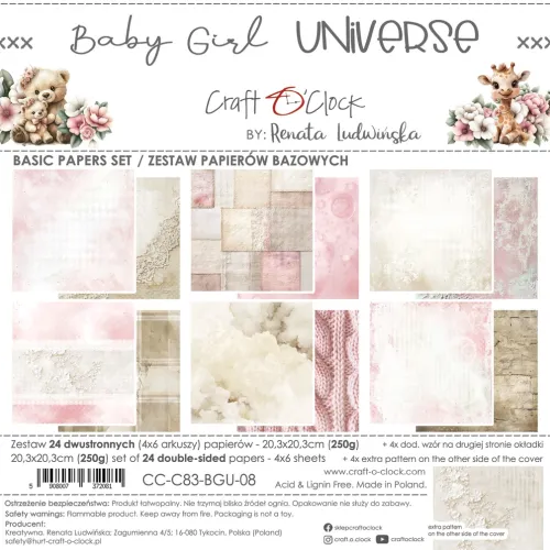 papier scrapbook Craft o'clock - baby girl universe - zestaw bazowy 20x20 cm