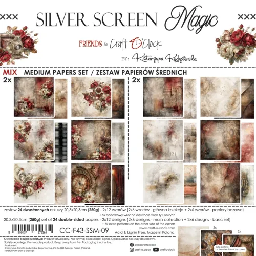 papier scrapbook Craft o'clock - silver screen magic - zestaw bazowy mix 20x20 cm