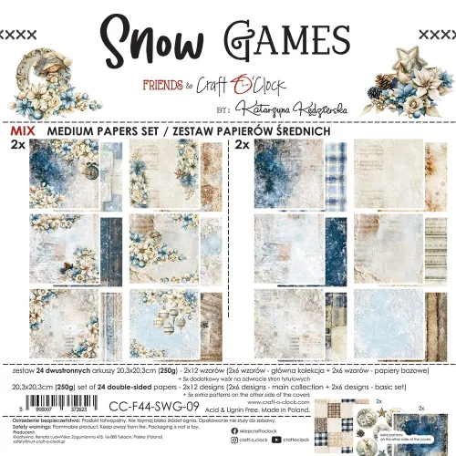 papier scrapbook Craft o'clock - snow games - zestaw bazowy mix 20x20 cm