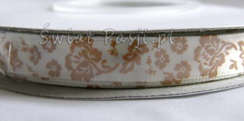 wstążka we wzór kwiatowy - migdałowa (10mm)
