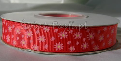wstążka prążkowana kwiatki - czerwona