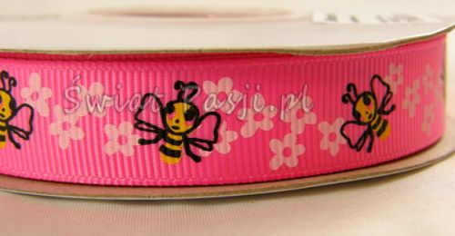 wstążka prążkowana pszczółki - różowa